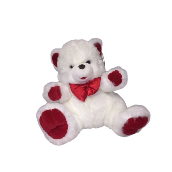 Fluffy White Stuffed VALENTINE'S DAY BEAR Plush RED Bow 16" Tall - Picture 6 of 10